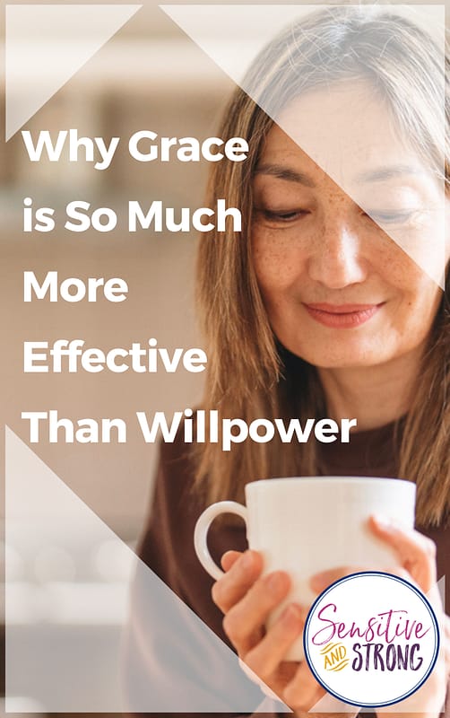 “Woman relaxing with coffee cup — concept of grace is more effective than willpower for Highly Sensitive Christian women.”